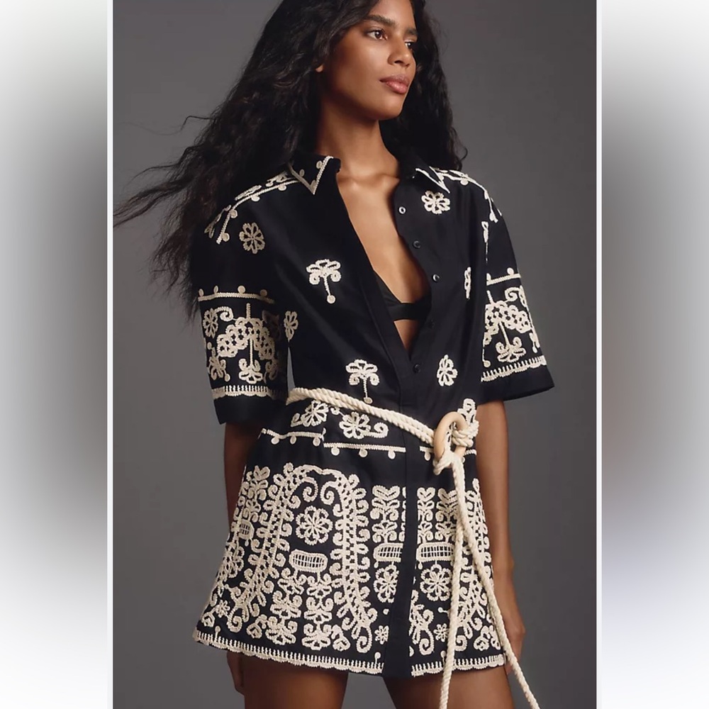 H017. Anthropologie Maeve Mini Shirt Dress with Cream Embroidered Detail